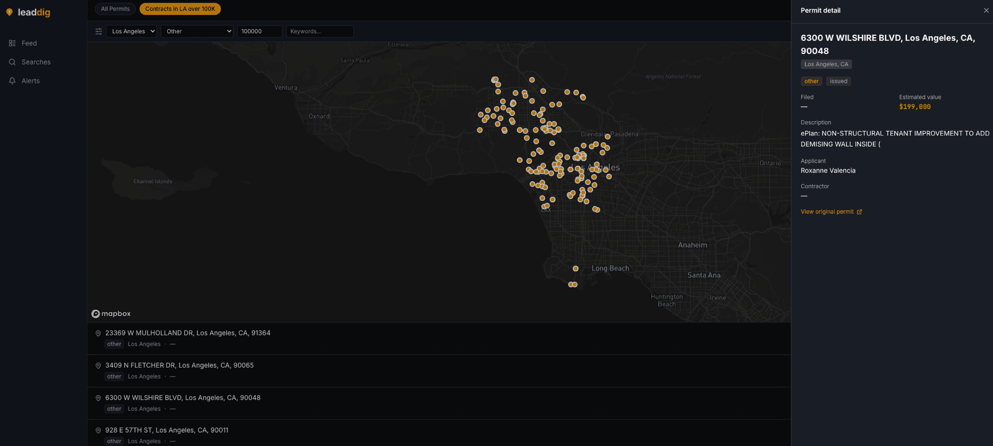 LeadDig permit feed filtered by city with permit detail drawer open